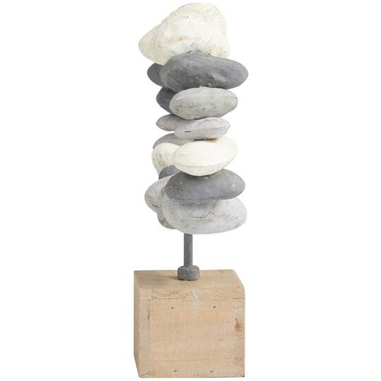 14" Gray Metal Circular Stone Abstract Sculpture with Brown Wooden Base